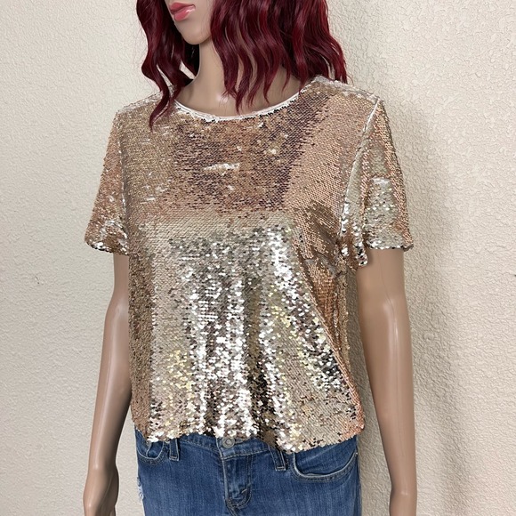 Ark & Co Champagne Flip Sequin Top Womens Small Loose Fit Lined TE4468T - Picture 3 of 12